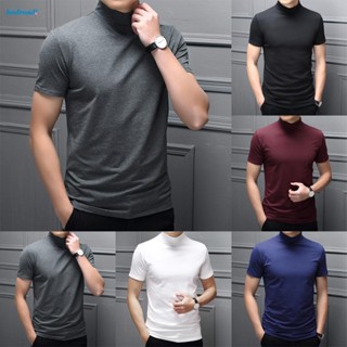 【HODRD】Mens Mock Neck Short Sleeve Slim T-Shirt Solid Color Fashion Bottoming Shirt New【Fashion】