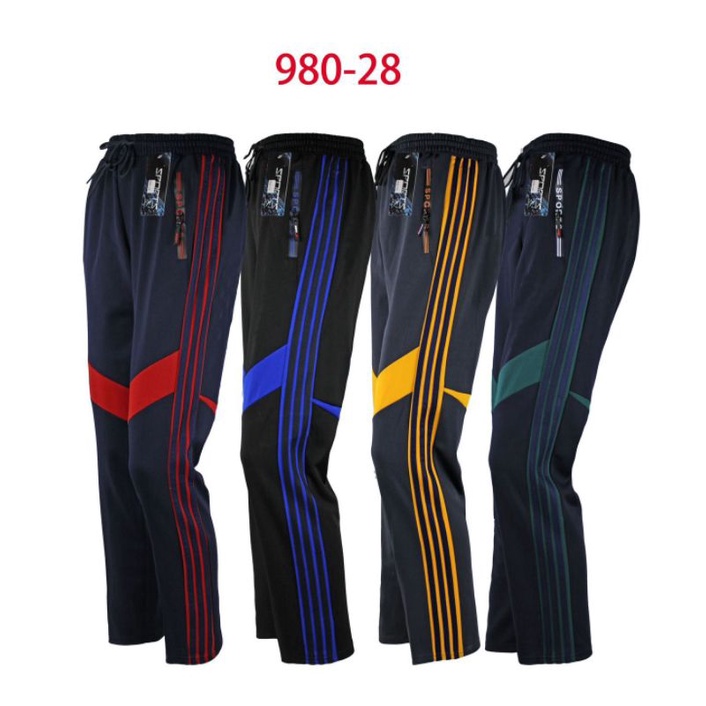 AC980-28กางเกางขายาวผ้ากีฬาผสมมีกระเป๋าซิป2ข้างเอวยางยืดแต่งแถบด้านหน้าและด้านข้างผ้ายืดได้เยอะหญิงชายใส่ได้มาใหม่