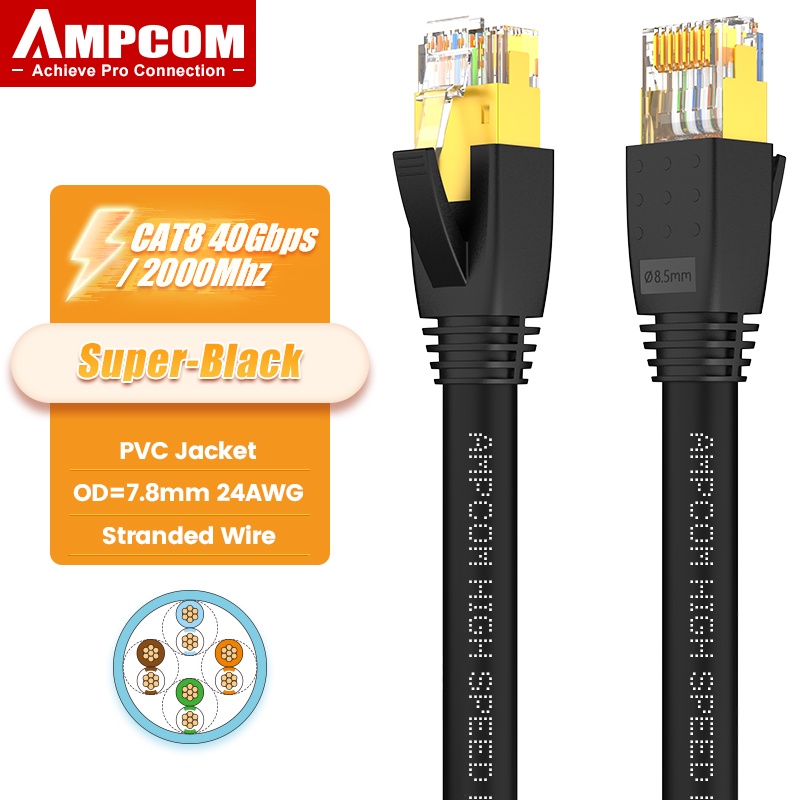 AMPCOM สายเคเบิลเคเบิล CAT8 Ethernet, 40Gbps Super Speed RJ45 CAT8 Network Cable Gold Plated Connect