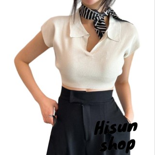 เสื้อครอปแขนสั้นลําลอง คอวี ผ้าถัก คอปก สีพื้น สําหรับผู้หญิง