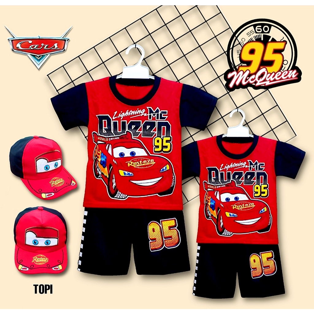 Mcqueen CARS เสื้อแขนสั้น พร้อมหมวก สําหรับเด็ก 2-10 ปี