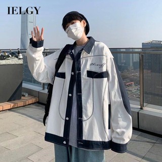 Ielgy เสื้อแจ็กเก็ตยีนเบสบอล ปักลาย ทรงหลวม สําหรับผู้ชาย