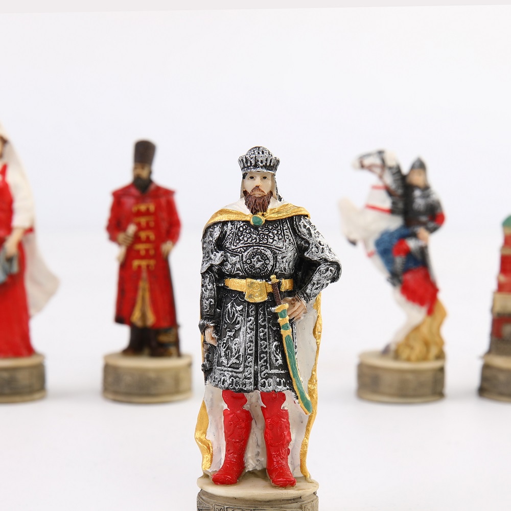 War-themed Chess Set Genghis Khan Vs. Russia-32 3D Figures, Carved and Painted Chess Pieces, with Embossed Board Table G