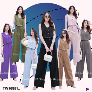 TW16851 Set 2ชิ้น เสื้อครอปแขนกุดกระดุมหน้า+กางเกงขายาว