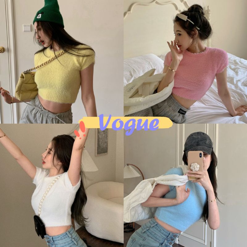 Vogue🌟พร้อมส่ง🌟 เสื้อไหมพรมแขนสั้น ดีเทลขนมุ้งมิ้ง สีพาสเทลน่ารักมาก (C590-1) -N