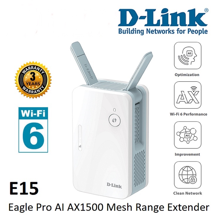 D-LINK (E15) AX1500 Eagle Pro AI Mesh Range Extender ตัวขยายสัญญาณ E15 Wi-Fi 6 ความเร็วสูงสุด 1201Mbps