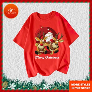 เสื้อยืดผ้าฝ้าย เสื้อยืดคริสต์มาสCute Cartoon Santa Claus Christmas Tree Men and Women T-shirt Christmas Clothes Women C