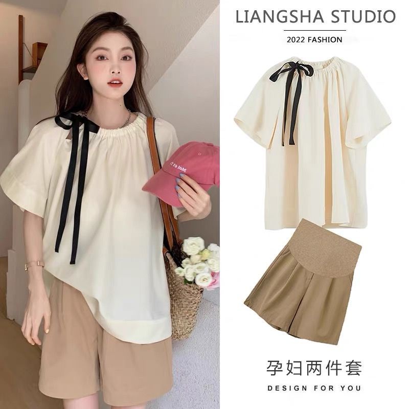 🌺ชุดคลุมท้องแฟชั่น สูท เสื้อเชิ้ต + กางเกงขาสั้น ผ้านุ่มมาก ไม่มีผลกระทบต่อลูกน้อย ชุดคลุมท้องใส่ทำงาน