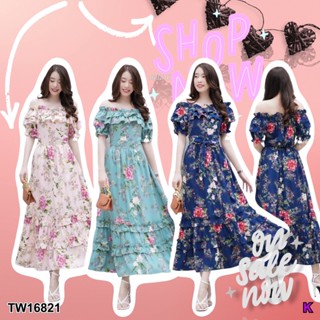 MF16821  Maxi Dress เดรสยาว ลายดอก เปิดไหล่ ได้ เกาะอกก็ได้ค่ะ แขนระบาย ชายเดรสแต่งระบายรอบ ยางยืดเอวรอบ เนื้อผ้าไหมอิตา