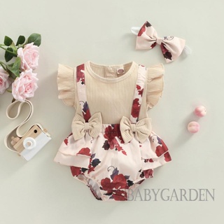 Babygarden ชุดจั๊มสูทรอมเปอร์ แขนบิน พิมพ์ลายดอกกุหลาบ ประดับโบว์ ทรงสามเหลี่ยม พร้อมที่คาดผม แฟชั่นสําหรับเด็กผู้หญิง