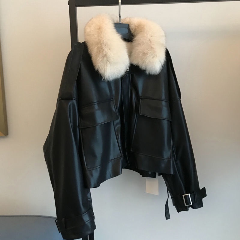 Chic Autumn Winter Detachable Faux Mink Fur Collar PU Bomber Jacket Plus Velvet Thick Trench Coat Faux Leather Zipper Ja #4