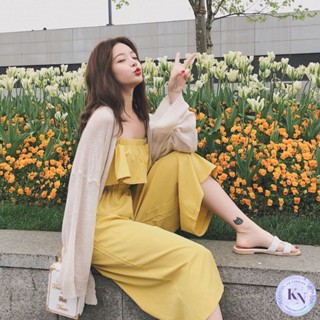 🎏Korea NEW จั๊มสูทสายเดี่ยว ผ้ายืด สีพื้น 2 สี ทรงขายาวตรง อกสม็อคยางยืด