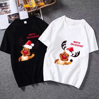 Cute Deer and Merry Christmas Fun T-shirt MMS T-shirt Top Christmas Gift Pure cotton fashion Black White T-shirt