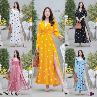 18151 แม็กซี่เดรสยาว แขนยาวลายจุด Long sleeve maxi dress with polka dots