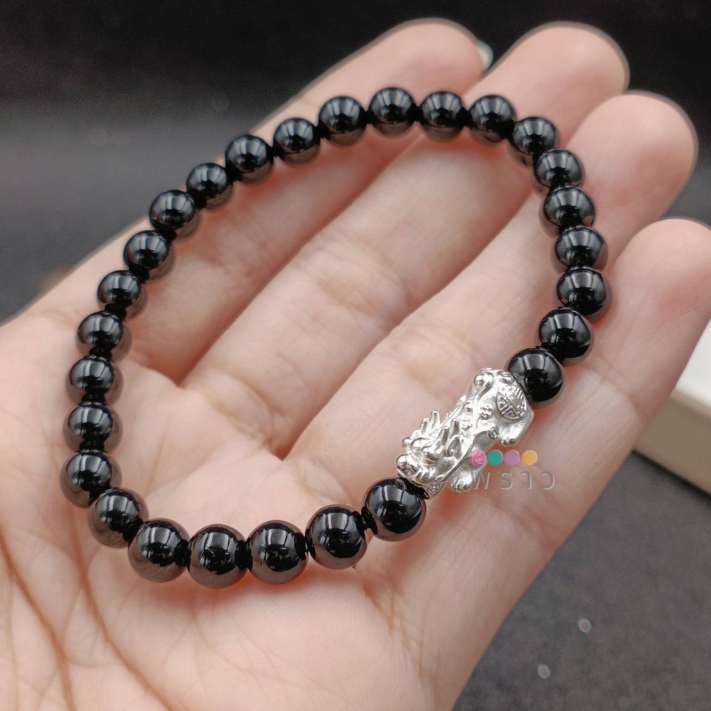 (พราว) ปี่เซียะเงินแท้+โอนิกซ์ (Onyx) ขนาด 6 มม. พลังแห่งการรู้อนาคต และดึงดูดโชคลาภ ผ่านพิธีบรรจุพุทธคุณเรียบร้อยแล้ว