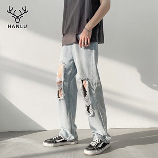 HANLU Ripped กางเกงยีนส์ผู้ชายแฟชั่นลำลองหลวมกางเกงขากว้าง Street สไตล์เกาหลี Pants