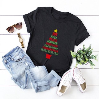 เสื้อยืด Cute Christmas Tree Fashion T Shirt Women Cotton Short Sleeve Tshirt Casual Lady Tops Tee