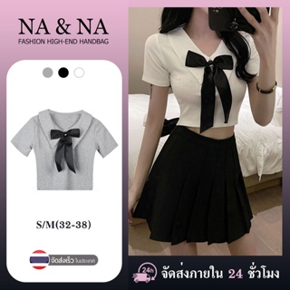 เสื้อสเวตเตอร์ถักคอกลมแขนสั้นเย็บโบว์สไตล์ฤดูร้อนใหม่#SE031