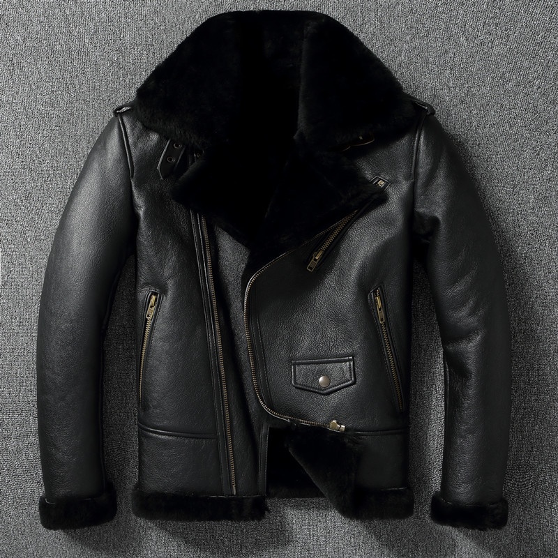 BThick Warm Genuine Sheepskin Real Fur Shearling Jackets for Men Leather Jacket Mens Biker Clothing Men's Coat Winte #1