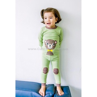 L-PJB-622 ชุดนอนเด็กแนว slim สีเขียว ลายหมี Size-90 (1-2Y)