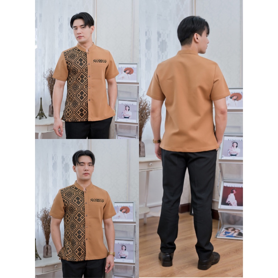 เสื้อผ้าไทยคอจีนแต่งขิด สีกากี