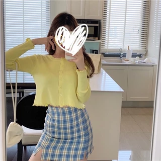 Cicishop🍓พร้อมส่ง🍍เสื้อครอปแขนยาวงานไหมพรมกระดุมหน้า(7189)