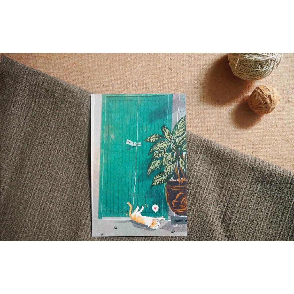 โปสการ์ด ลายแมวประตูเขียว Green Wood Door illustration postcard 4x6 inch