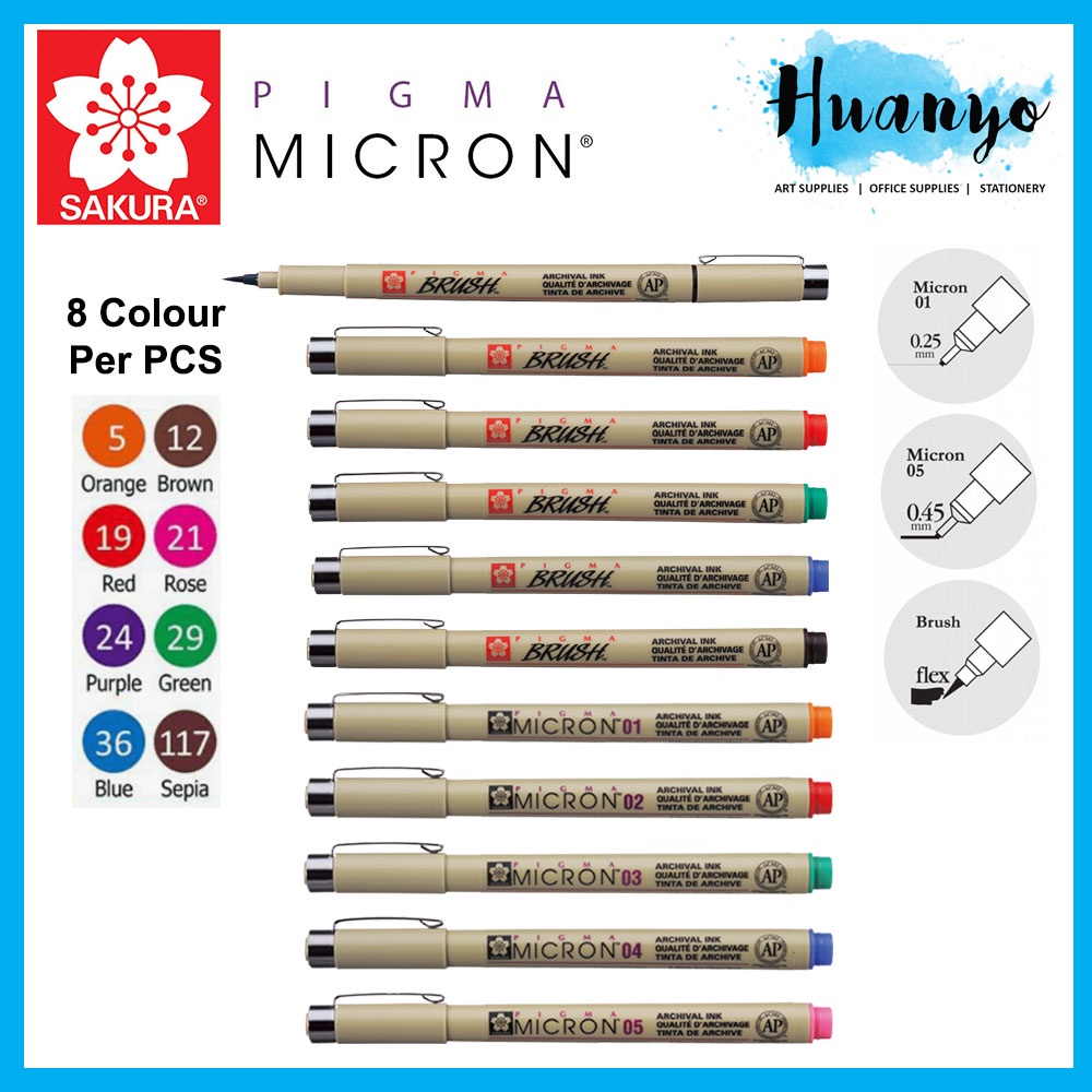 Sakura Pigma Micron Technical Drawing Pen Colour Ink (ขนาด 01/05/BR Brush Tip) [ต่อชิ้น]