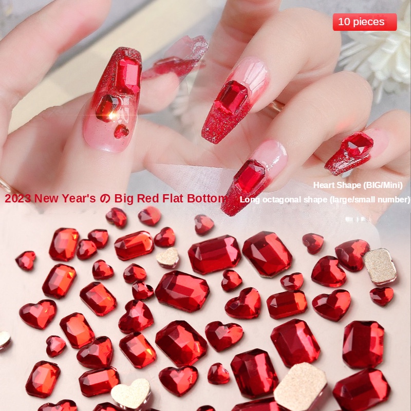 10PC [2024 ตรุษจีนเครื่องประดับเล็บสีแดง] เครื่องประดับ Rhinestone หรูหราเป็นประกาย