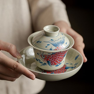 Jingdezhen hand-painted dragon fish ceramic Gaiwan tea bowl Kung Fu tea set teapot cover bowl 140ml teapot tray set