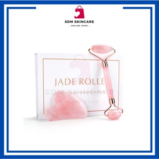 [พร้อมส่ง สินค้ามีกล่อง] Natural Rose Quartz JADE ROLLER Gua Sha set ชุดหินธรรมชาติคริสตัลแท้ ลูกกลิ้งนวดผิวหน้าและลำคอ