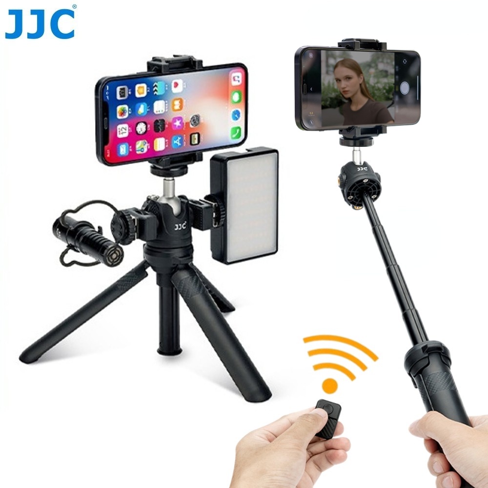 JJC ขาตั้งกล้องขนาดเล็กแบบขยายได้ไม้เซลฟี่บลูทู ธ พร้อมสกรู 1/4"-20 และที่หนีบโทรศัพท์แบบสปริงสำหรับโทรศัพท์มือถือเซลฟี่ / บล็อก / สตรีมมิงแบบสด / การสร้างภาพยนตร์โทรศัพท์มือถือ