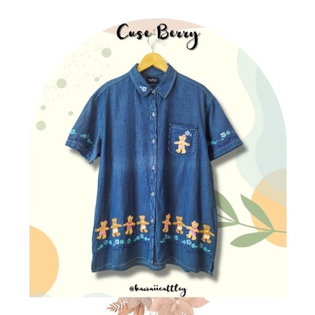 KEMEJA Cuse Berry Bear Pattern Womens Short Sleeve Jeans Shirt