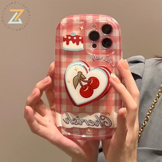 Zymello เคส OPPO A78 A57 2022 A77 A77S A17 A17K A5S A7 A3S A5 A15 A15S A16 A52 A53 A54 A76 A74 A96 A9 2020 A5 2020 A16K INS Grid Love Cherry Bracket เคสโทรศัพท์ซิลิโคน