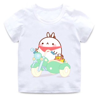 เสื้อยืดคอกลม แขนสั้น พิมพ์ลายการ์ตูน Molang and Piupiu สีขาว แบบเรียบง่าย สไตล์คลาสสิก สําหรับเด็กผู้ชาย และเด็กผู้หญิง