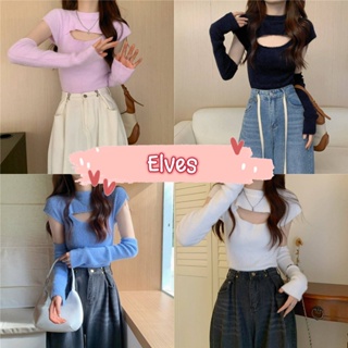 Elves✨พร้อมส่ง✨ เสื้อไหมพร แขนสั้น เว้าหน้าอกเล็ก แถมปลอกแขน ดีเทลไหมพรมขนๆมุ้งมิ้ง ~11099~