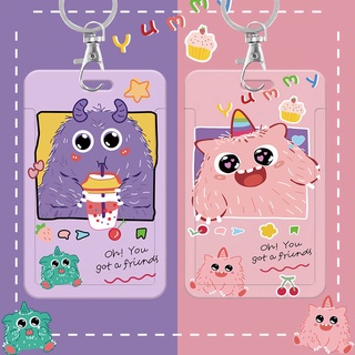 ปกบัตรชื่อพร้อมพวงกุญแจ ผมตลกมอนสเตอร์รถบัสกรณีบัตรอาหารนักเรียนวิทยาเขตฝาครอบป้องกันผู้ถือบัตรการเข้าถึงบัตรโรงเรียนน่ารักคู่พวงกุญ