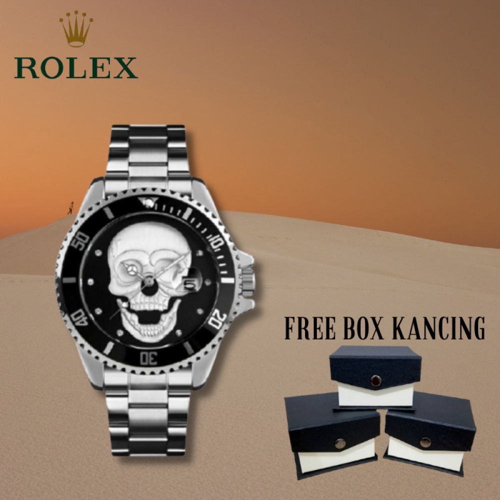 Rolex Skull Skull Skull 9195 นาฬิกาข้อมืออะนาล็อก สายโซ่ สเตนเลส ฟรีปุ่มกดกล่อง สําหรับผู้ชาย