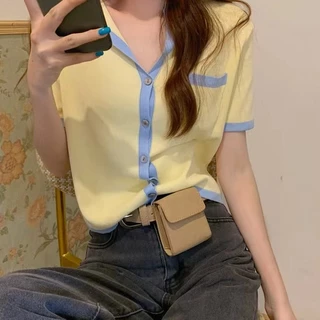 Cicishop(7939)เสื้อไหมพรมแขนสั้น กระดุมน่ารักสีพาสเทลน่ารัก