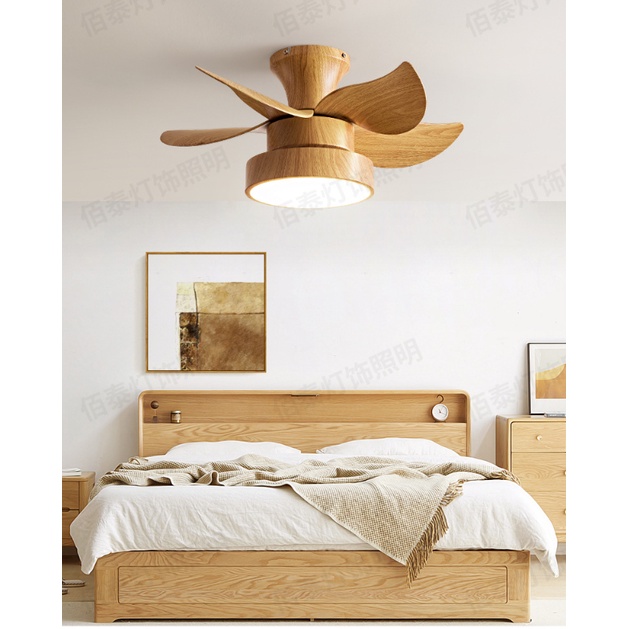 โคมไฟพัดลมห้องนอนติดเพดานแบบเรียบง่าย โคมไฟลายไม้หนังกุ้ง โคมไฟพัดลมแขวนรีโมทหรูหรา