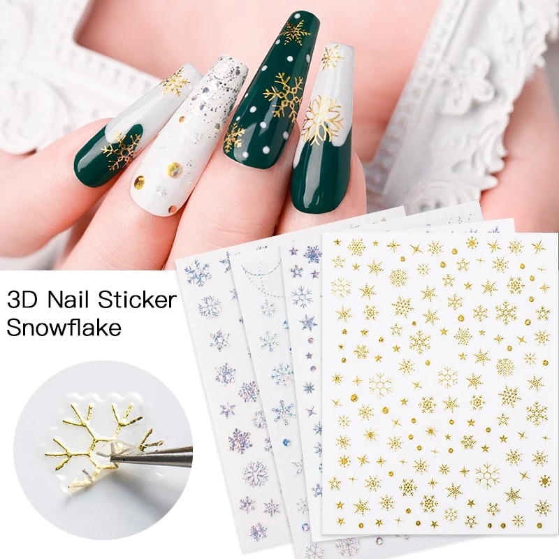 สติกเกอร์ติดตกแต่งเล็บ ลายเกล็ดหิมะ คริสต์มาส 3D สีทอง กลิตเตอร์ แวววาว เหมาะกับหน้าหนาว