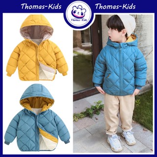 [THOAMS Kids] เสื้อโค้ท ผ้าฝ้าย แบบหนา มีฮู้ด แต่งซิป ลายสก๊อต สีพื้น สําหรับเด็กผู้ชาย และเด็กผู้หญิง อายุ 2-7 ปี