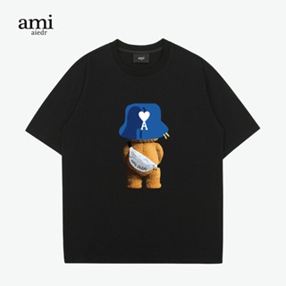 Ami aiedr เสื้อยืดลําลอง ผ้าฝ้าย แขนสั้น พิมพ์ลายหมี ทรงหลวม สําหรับผู้ชาย และผู้หญิง