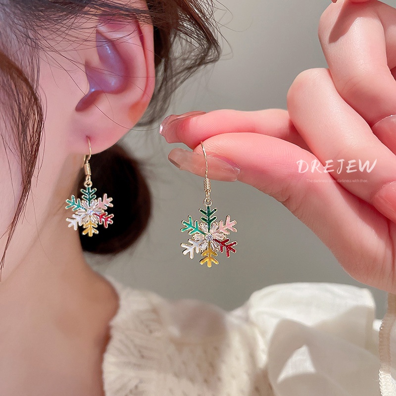 DREJEW ต่างหูตะขอ ชุบทองแท้ ประดับเพทาย เคลือบเกล็ดหิมะ ดีไซน์เกล็ดหิมะ สไตล์เกาหลี ญี่ปุ่น ระดับไฮเอนด์ สําหรับผู้หญิง