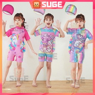 【Suge】ชุดว่ายน้ําวันพีช ลายยูนิคอร์น สีรุ้ง แฟชั่นฤดูร้อน สําหรับเด็กผู้หญิง