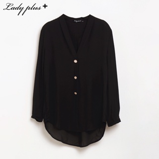 Lady Plus เสื้อคอวีแขนยาวแต่งกระดุม | Long Sleeve Blouse with V-Neck and Buttons เสื้อแขนยาว สีดำ