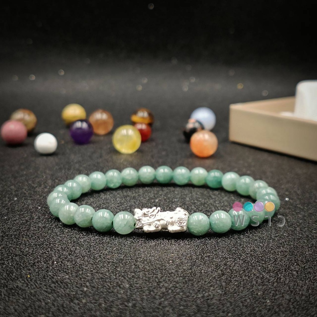 (พราว) ปี่เซียะเงินแท้ 1.5  ซม. +หยก (Jade) หิน 6 มม. เสริมความมั่งคั่ง ร่ำรวย สุขภาพ ผ่านพิธีปลุกเสกและบรรจุคุณแล้ว