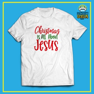 เสื้อยืดผ้าฝ้าย เสื้อยืดคริสต์มาสChristmas White DTF T-Shirt - All About Jesus