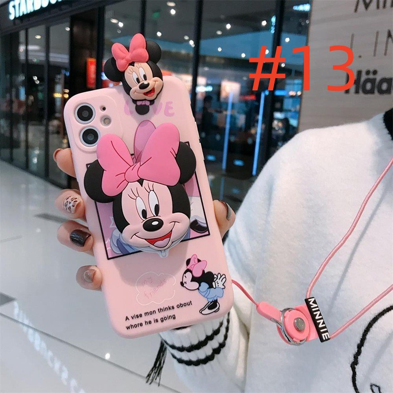 สําหรับ Samsung Galaxy S25 S24 S23 Ultra A55 A35 A25 A15 A24 A05S A04S A13 A33 A53 A73 S22 S21 S20 FE M14 M23 S10 S9 S8 Plus Note 8 9 20 10 Lite เคสโทรศัพท์ซิลิโคน ลายการ์ตูนมิกกี้ มินนี่เมาส์ 3d พร้อมกระจกแต่งหน้า และเชือกคล้อง สําหรับ