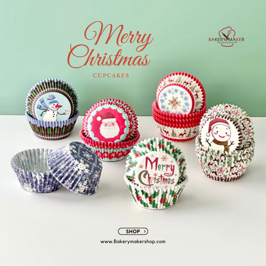 กระทงคัพเค้ก 100ใบ มี 8 ลายให้เลือก ถ้วยคัพเค้กกระดาษ คริสต์มาส / Cupcake muffin Christmas มัฟฟิน รองขนม บราวนี่